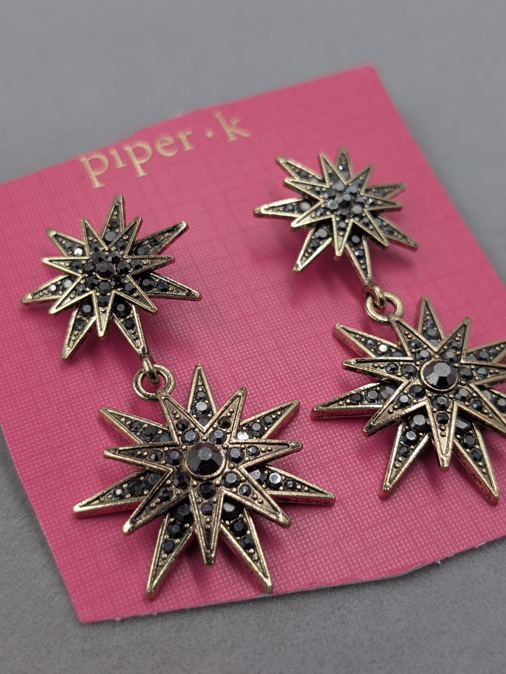 Piper K Black Crystal Double Starburst Celestial Drop Earrings NWT | 0931